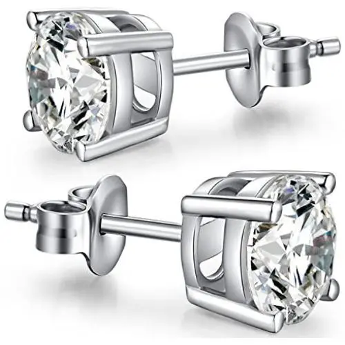 Han han Platinum Plated Men Stud Earrings CZ Diamond Earrings 925 Sterling Silver Stud Earrings for Women Cubic Zirconia Earrings Hypoallergenic Post Earrings for Unisex 2 Carats