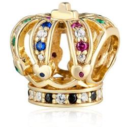 Crown Charms Golden Royal Crown Charms, 925 Sterling Silver King Queen Crown Beads with Colorful Zircon, Gifts for Fathers Day/Valentines Day/Christmas, fits for DIY Bracelet