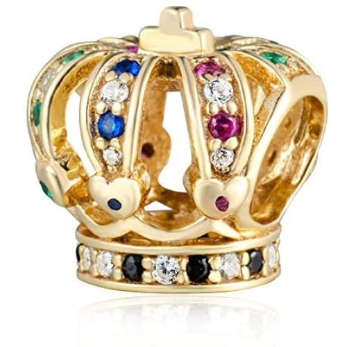 Crown Charms Golden Royal Crown Charms, 925 Sterling Silver King Queen Crown Beads with Colorful Zircon, Gifts for Fathers Day/Valentines Day/Christmas, fits for DIY Bracelet
