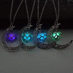 4Pcs Set 4 Colors Luminous Series Moon Love Heart Pendant Necklace Charm Fluorescent Crescent Necklace Glow in The Dark Necklace Valentines Day Gift for Women Girls