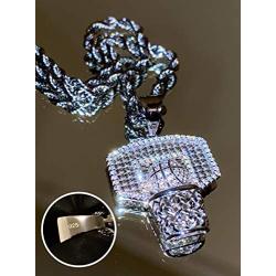 Shop-iGold Men Women 925 Italy Iced Silver Iced Basket Ball Charm Ice Out Pendant Stainless Steel Real 2 mm Rope Chain Necklace, Mens Jewelry, Iced Pendant, Rope Necklace
