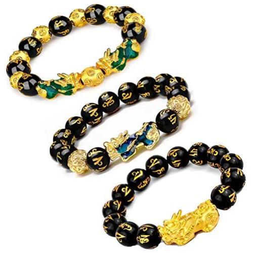 yfstyle 3 Pcs Pi Xiu Bracelet Feng Shui Black Obsidian Wealth Bracelet with Sanskrit Mantra for Men Women Adjustable Elastic Change Color Pi Xiu Good Luck Jewelry Gifts