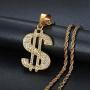 Lee Island Fashion 24K Gold Plated Simulated Diamond CZ Fully Dollar Sign Pendant Stainless Steel Necklace, 24 inch Chain Jewelry
