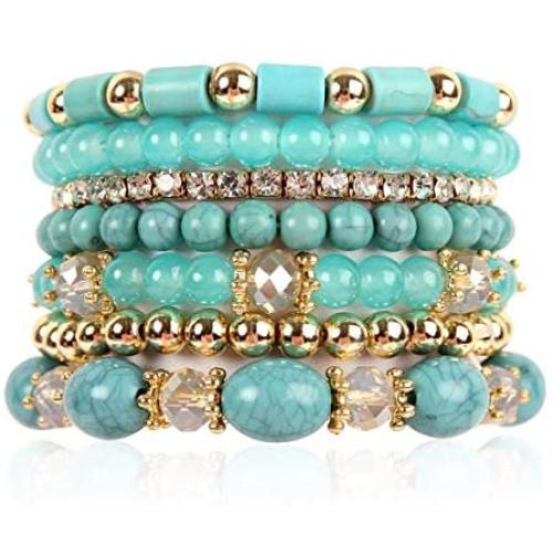 RIAH FASHION Multi Layer Bead Bracelet - Colorful Stacking Beaded Strand Stretch Cuff Statement Bangles Set