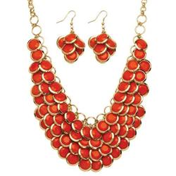 Palm Beach Jewelry Gold Tone Round Orange Lucite, Drop Earring and Bib Necklace Set (65mm), Lobster Claw Clasp, 18 inches Plus 3 inch exten