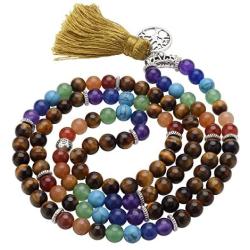 Top Plaza 7 Chakra Mala Prayer Beads 108 Meditation Healing Multilayer Bracelet/Necklace W/Tree of Life Tassel Charm