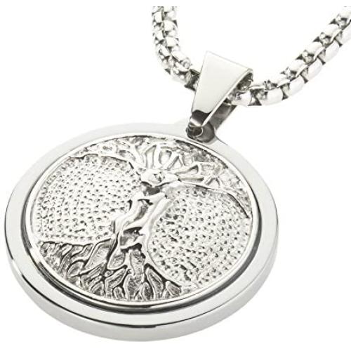 CERAMIC GESTALT Unique Tungsten Medallion Necklace. Platinum Style Stainless Steel Tree of Life Inlay.
