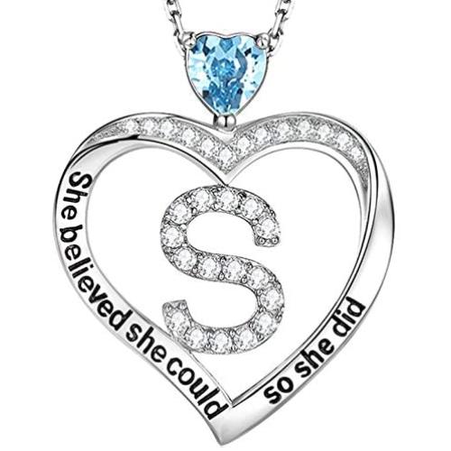 Birthday Gifts Daugter March Birthstone Necklace She Believed She Could So She Did Aquamarine Peridot Blue Sapphire Pink Tourmaline Citrine Jewelry Inspiritional Initial S Love Heart Jewelry for Her
