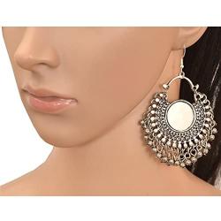 Zephyrr Fashion German Silver Afghani Dangler Hook Chandbali Earrings Mirrors For Girls and Women