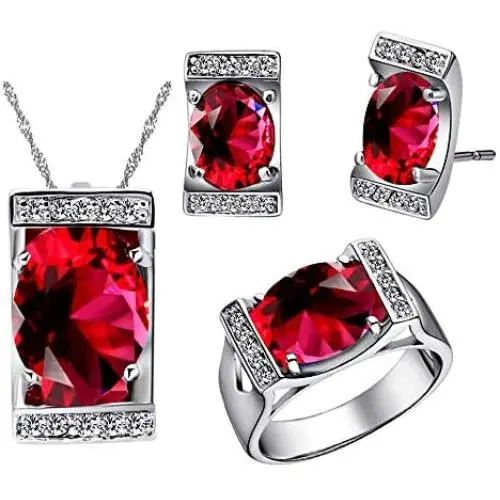 Uloveido Purple Cubic Zirconia Jewelry Set Crystal Pendant Necklace Ring Earrings T094 Uloveido Purple Cubic Zirconia Jewelry Set Crystal Pendant Necklace Ring Earrings T094