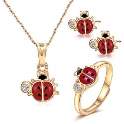 Ladybug Pendant Necklace for Advent Gift, Charms Christmas Gift 14k Gold-Filled Red and Black Ladybug Pendant Necklace Rings Set Jewelry For Kids,18” (ladybug)