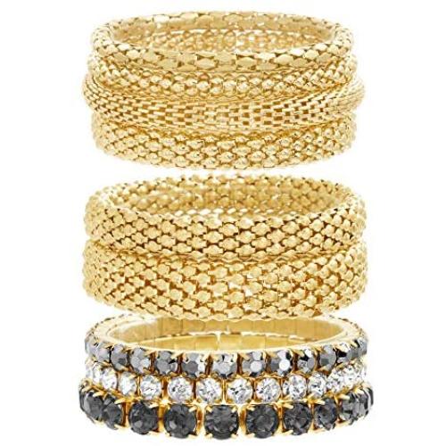 Steve Madden Yellow Gold Tone and Black Rhinestone Stretch Bangle Bracelet Set For Women, One Size (SMB488501GD)