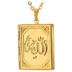 U7 Muslim Allah Necklace, Men Women Platinum / 18K Gold Plated Link Chain Rectangle Photo Locket Pendant, with Free Engraving Service