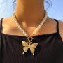 Pingyongchang New Short Pearl Rhinestones Choker Big Gold Color Butterfly Necklace for Women Girls Party Hot Jewelry Gifts