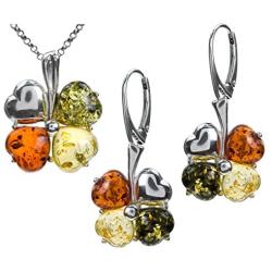 Sterling Silver Multicolor Amber Clover Leaf Earrings Pendant Set Chain 18 Inches