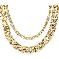 Mens 18K Gold Plated 5MM 12MM/14MM CZ Fully Iced Out Cuban Miami Chain Necklace Set
