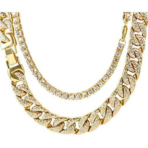 Mens 18K Gold Plated 5MM 12MM/14MM CZ Fully Iced Out Cuban Miami Chain Necklace Set