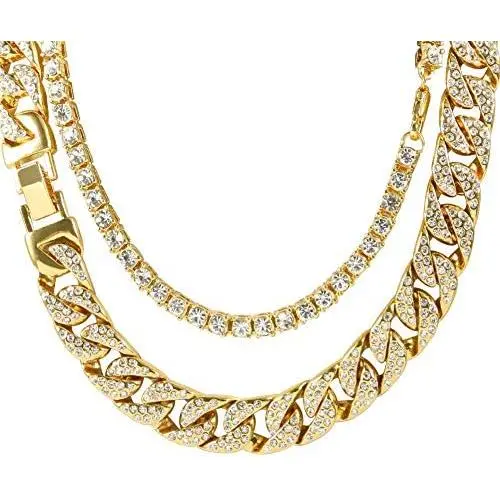 Mens 18K Gold Plated 5MM 12MM/14MM CZ Fully Iced Out Cuban Miami Chain Necklace Set Mens 18K Gold Plated 5MM 12MM/14MM CZ Fully Iced Out Cuban Miami Chain Necklace Set