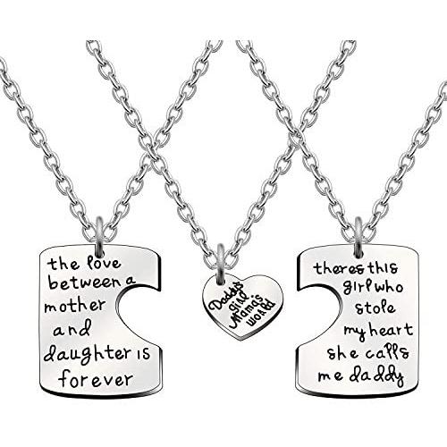 AGR8T 3pcs Key Chain Pendant Necklace Set Daddys Girl Mamas World Mother Daughter Father Family Jewelry