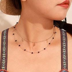 Evazen Boho Layered Necklace Gold Leaf Choker Necklaces with Black Bead Adjustable Fashion Chain Jewelry for Women and Girls