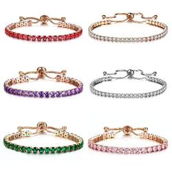 Elegant Light Luxury Inlaid Colour Square Cubic Zirconia Tennis Charm Bracelet Adjustable Multiple Colors Crystal Casual Sports All-Match Sparkling Strand Bracelet for Women Girls Jewelry