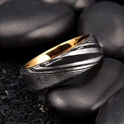 King Will WARRIORS 8mm Mens Damascus Steel Wedding Ring Gold Plated Innerface Comfort Fit 7-14