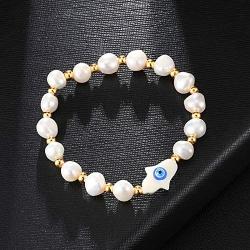 evil eye pearl bracelet for girl women, white bracelets pearl jewelry, Hand of Fatima Natural pearl stretch Handmade Turkish blue eyes bracelet