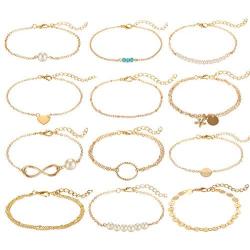 Softones 12pcs Simple Silver Gold Bracelets for Women Girls Cute Pearl Bracelet Tiny Charm Dainty Handmade Bracelet Set Adjustable