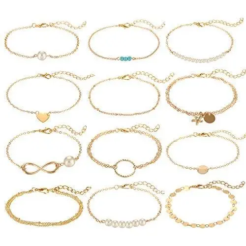 Softones 12pcs Simple Silver Gold Bracelets for Women Girls Cute Pearl Bracelet Tiny Charm Dainty Handmade Bracelet Set Adjustable