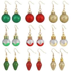 Unijew 9 Pcs Christmas Ball Earrings for Women Girls - 9 Pairs of Earrings Jewelry Set Gifts Golden, Red and Green Balls Lights Bulb- Party Costume Jewelry Set Gifts