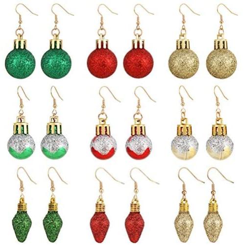 Unijew 9 Pcs Christmas Ball Earrings for Women Girls - 9 Pairs of Earrings Jewelry Set Gifts Golden, Red and Green Balls Lights Bulb- Party Costume Jewelry Set Gifts