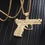 Lee Island Fashion 24K Gold Plated Simulated Diamond CZ Gun Pendant Stainless Steel Necklace For Men Boys, 24 Inch Chain Hip Hop Jewelry Gift