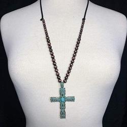 Gypsy Jewels Long Cross Simulated Turquoise Stone Western Style Necklace & Earrings Set