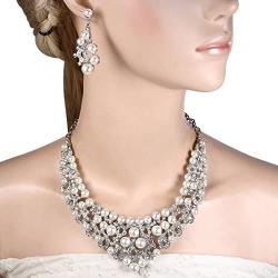 EVER FAITH Crystal Cream Simulated Pearl Wedding Floral Necklace Earrings Set Clear