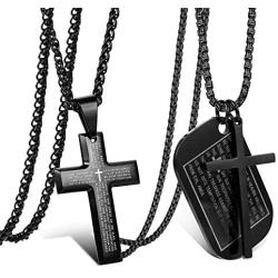 Jstyle 2Pcs Stainless Steel Black Dog Tag Cross Necklace Pendant Necklace for Men Lords Prayer Necklace Military Tag with Rolo Chain Wheat Chain