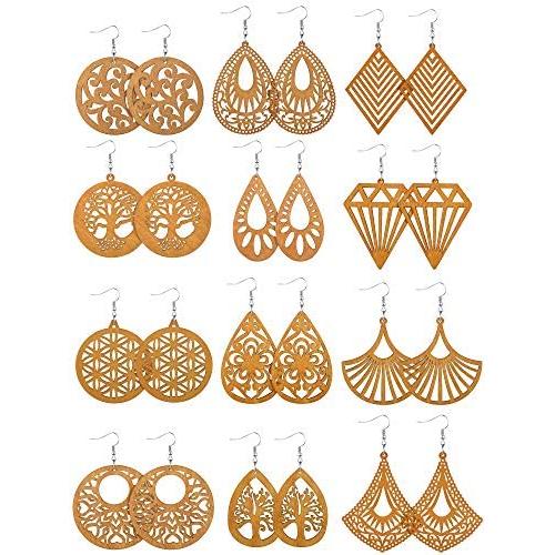 12 Pairs African Wooden Drop Earrings Bohemian Pendant Dangle Earrings Lightweight Ethnic Style Wood Earrings for Women