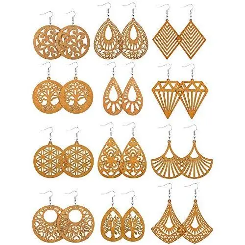 12 Pairs African Wooden Drop Earrings Bohemian Pendant Dangle Earrings Lightweight Ethnic Style Wood Earrings for Women 12 Pairs African Wooden Drop Earrings Bohemian Pendant Dangle Earrings Lightweight Ethnic Style Wood Earrings for Women