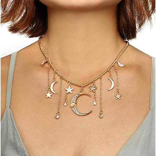 Jovono Gold Moon Star Tassels Necklace Crescent Moon Necklace Jewelry Chain for Women and Girls