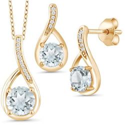 Gem Stone King 1.69 Ct Sky Blue Aquamarine 18K Yellow Gold Plated Silver Pendant Earrings Set