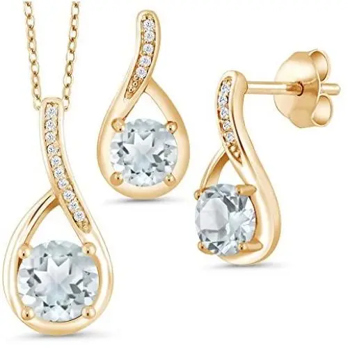 Gem Stone King 1.69 Ct Sky Blue Aquamarine 18K Yellow Gold Plated Silver Pendant Earrings Set