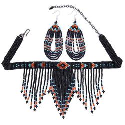HANDMADE FASHION JEWELRY HANDCRAFTED BEADED BLACK NECKLACE HOOK EARRING SET S54/1