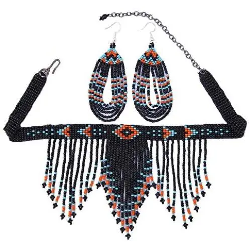 HANDMADE FASHION JEWELRY HANDCRAFTED BEADED BLACK NECKLACE HOOK EARRING SET S54/1