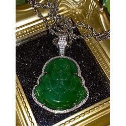 Iced Laughing Buddha Icy Green Jade Pendant Necklace Rope Chain Genuine Certified Grade A Jadeite Jade Hand Crafted, Jade Necklace, 14k Gold Filled Laughing Jade Buddha Necklace, Silver Jade Medallion, Fast Prime Shipping, Green Jade Necklace