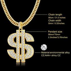 LOYALLOOK 2PCS 18K Gold Plated Chain with Dollar Sign Pendant Necklace Old School Hip Hop Rotatable Dollar Necklace 80s 90s Rapper Costume Big Chunky Turnover Punk Style Necklace