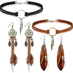 Native American Jewelry Set for Women Girls, 2 Pieces Faux Suede Choker Necklace Faux Leather Choker and 2 Pairs Bohemian Artificial Feather Earrings Boho Dream Catcher Earring Western Jewelry Set