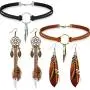 Native American Jewelry Set for Women Girls, 2 Pieces Faux Suede Choker Necklace Faux Leather Choker and 2 Pairs Bohemian Artificial Feather Earrings Boho Dream Catcher Earring Western Jewelry Set