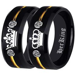 Free Custom Engraving Matching Couples Her King and His Queen Ring Set in Black Tungsten Carbide Rings With Two White CZ- His and Hers for Promise Wedding Jewelry