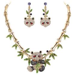 EVER FAITH Austrian Crystal Lovely Panda Bamboo Animal Plant Necklace Earrings Set