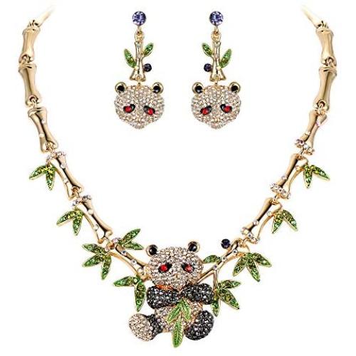 EVER FAITH Austrian Crystal Lovely Panda Bamboo Animal Plant Necklace Earrings Set
