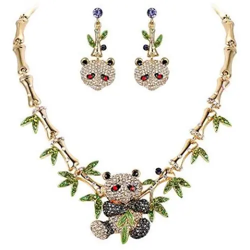 EVER FAITH Austrian Crystal Lovely Panda Bamboo Animal Plant Necklace Earrings Set EVER FAITH Austrian Crystal Lovely Panda Bamboo Animal Plant Necklace Earrings Set